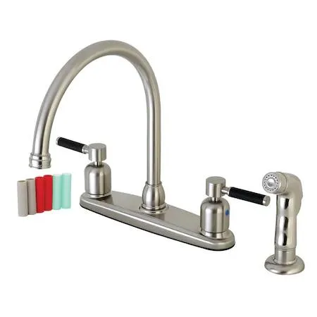 Kaiser brushed nickel centerset kitchen faucet with black rubber handles and matching side sprayer