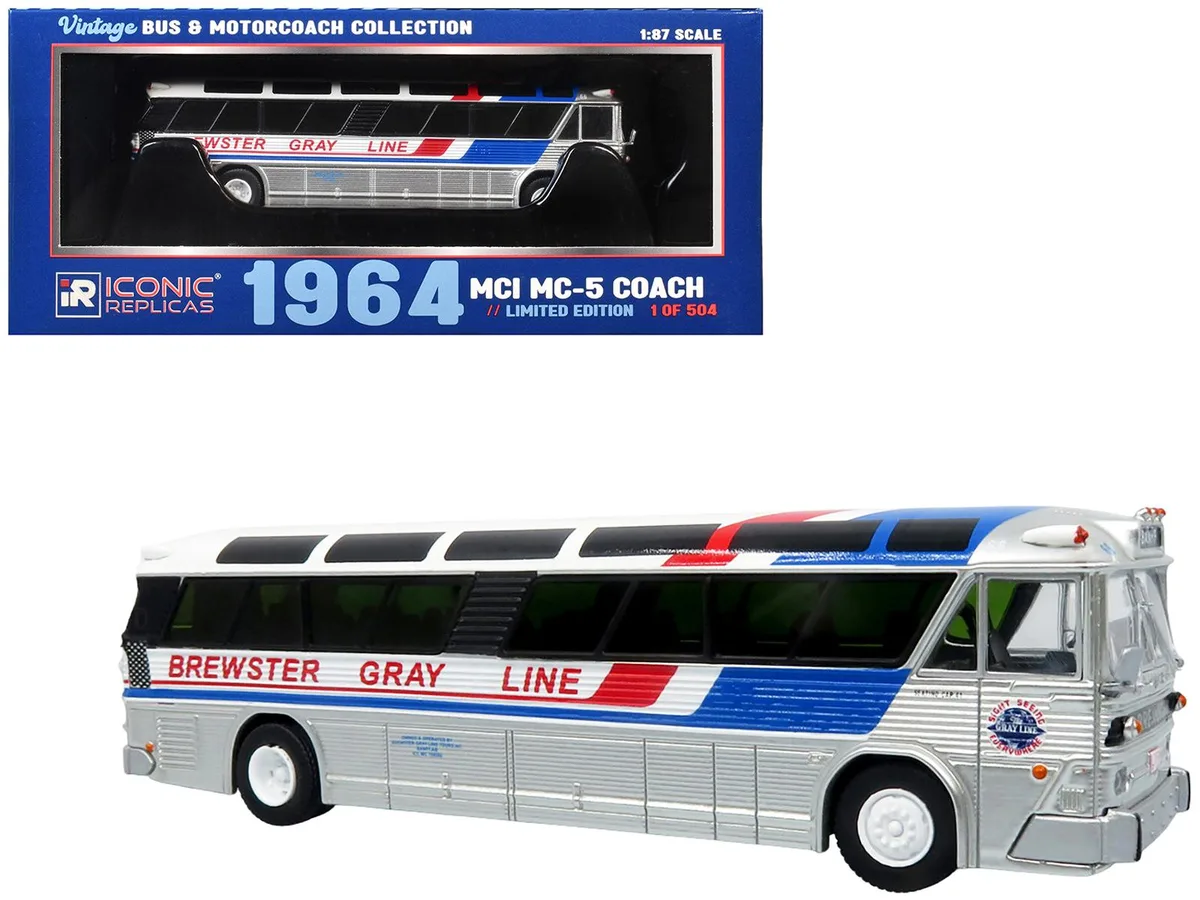 Iconic Replicas Iconic Replicas 1964 MCI MC-5A Coach Bus Silver Blue Red 1/87 HO Diecast Limited Edition 504 Pieces — product photo