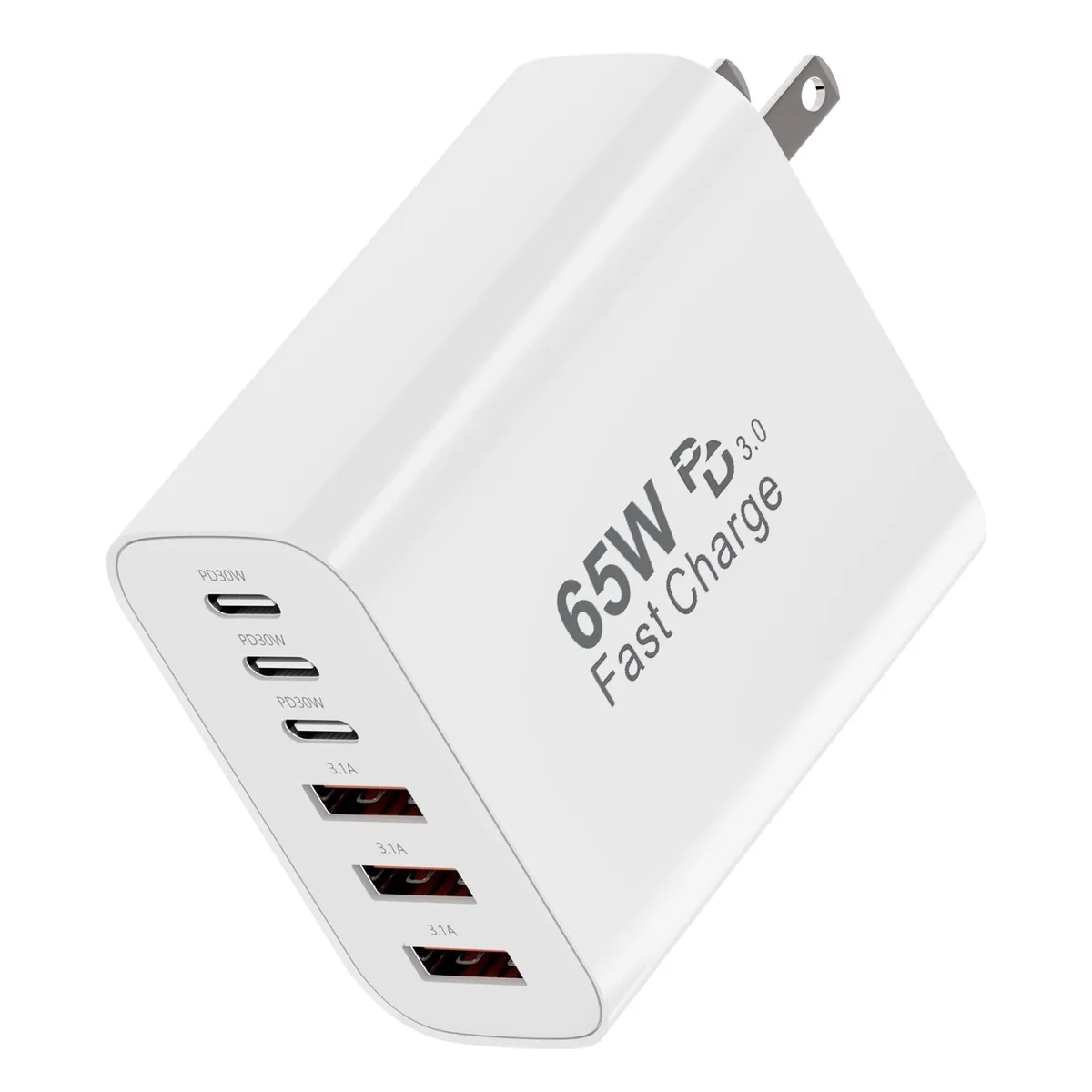 Compact white rectangular GaN wall charger with six USB ports visible