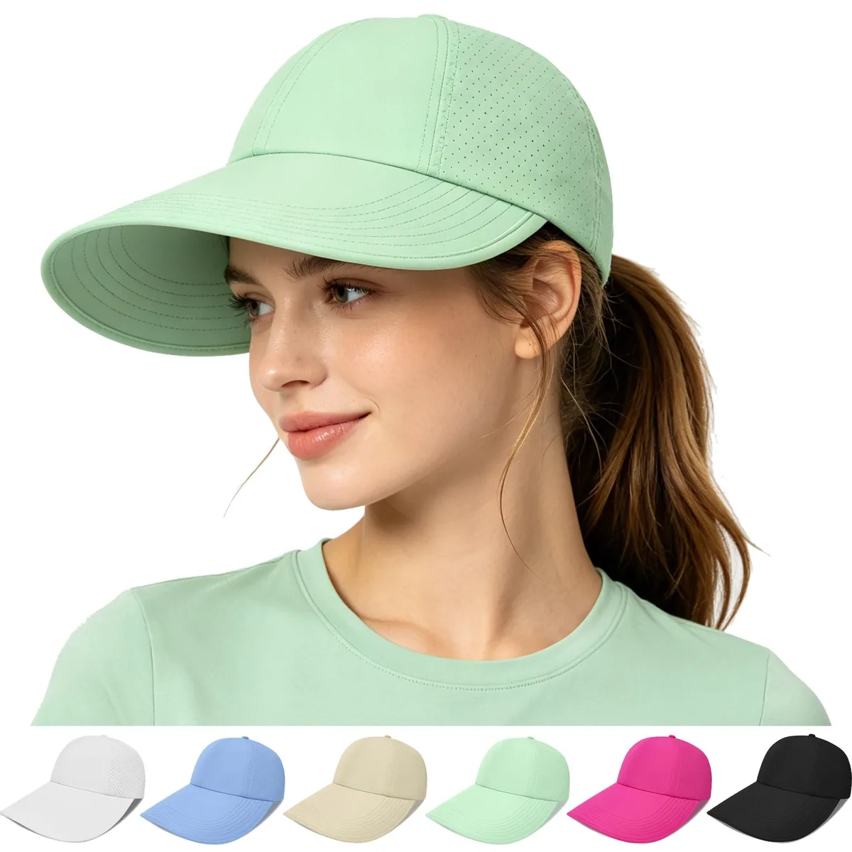 Black wide-brim polyester sun hat with ponytail opening and Velcro strap