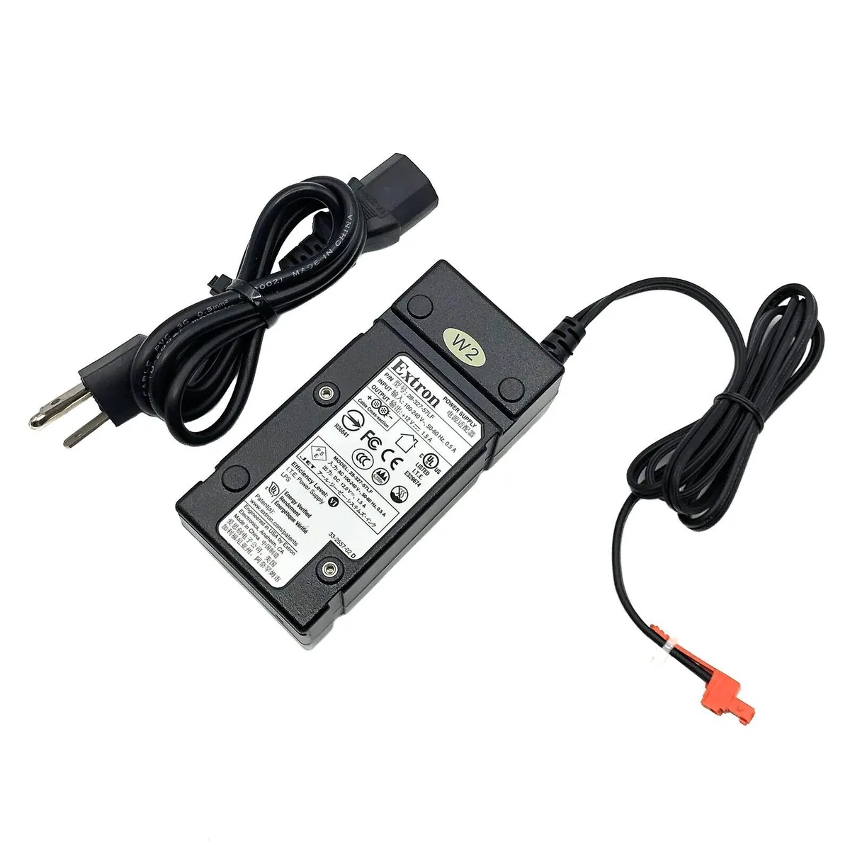 Black rectangular Extron power adapter with US plug and cord