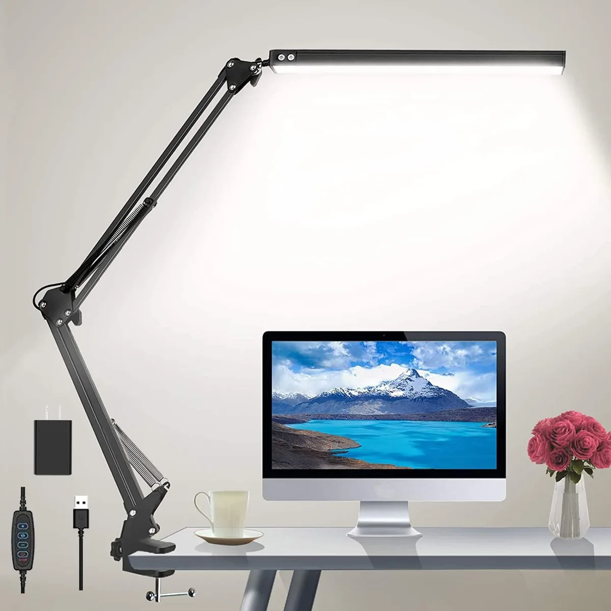 HaFundy TD-00A LED desk lamp with clamp, painted rectangular head, 29 inch adjustable metal arm