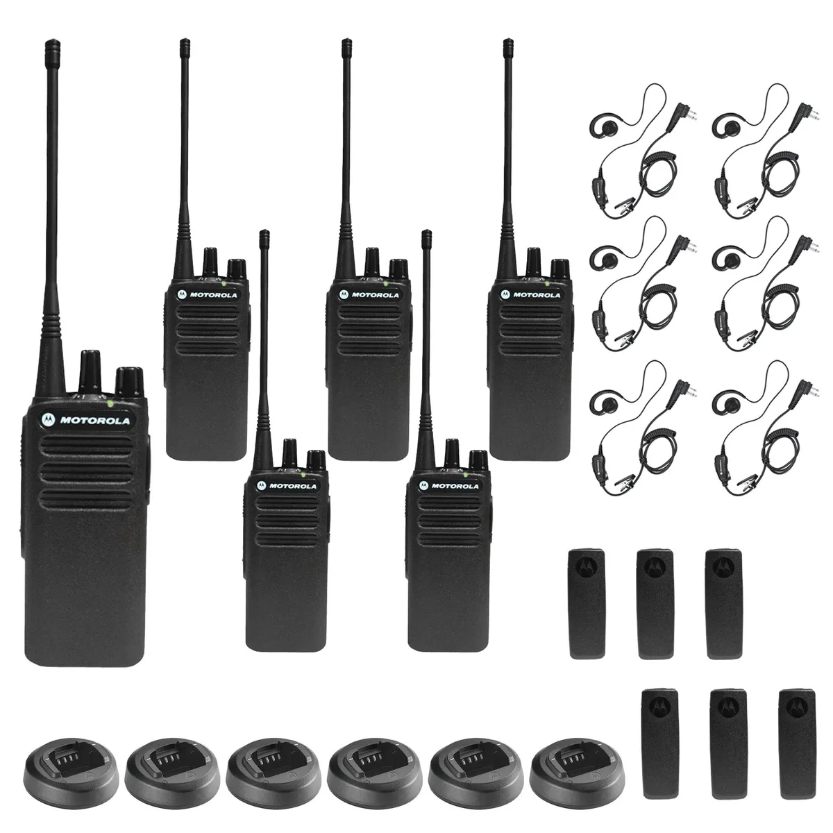 Motorola Motorola CP100D UHF 16-channel 4-watt two-way radio 6-pack with earpieces — product photo