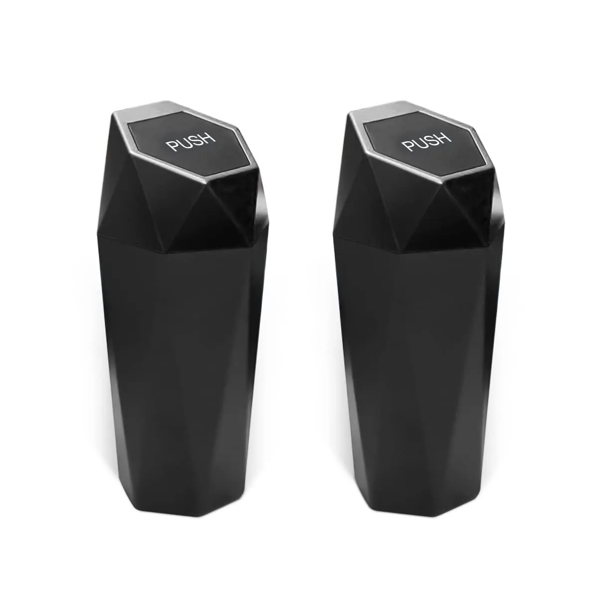 Three white cylindrical mini trash cans with diamond-cut finish and spring lids, 7.87 by 3.03 inches