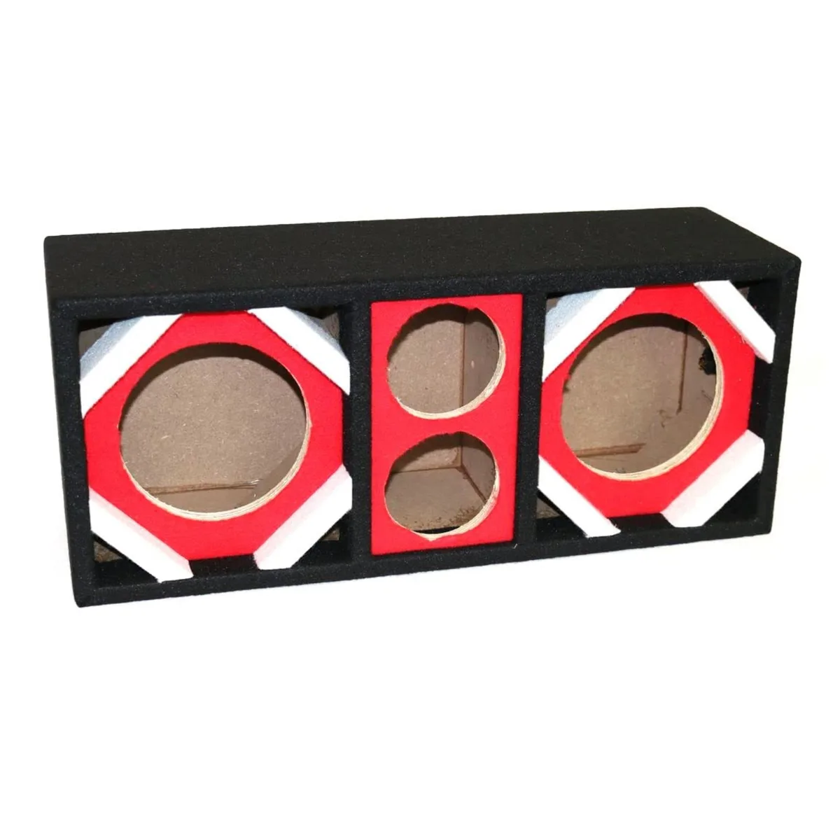 Red speaker box with two 6-inch woofers and two tweeters
