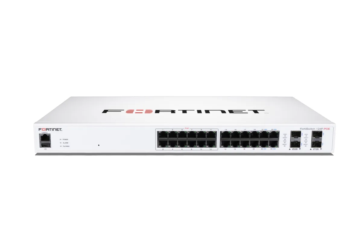 Fortinet Fortinet FS-124F-POE network switch 24 GE RJ45 4 10G SFP+ 12 PoE+ — product photo