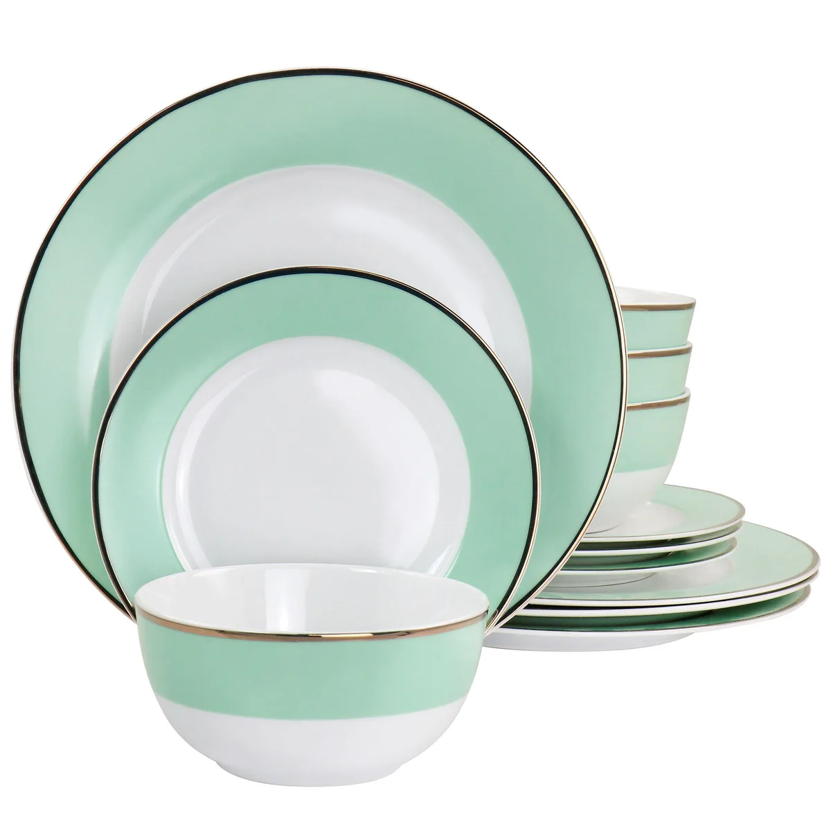 Martha Stewart Martha Stewart 12 Piece Fine Ceramic Dinnerware Set Mint Gold Rim — product photo