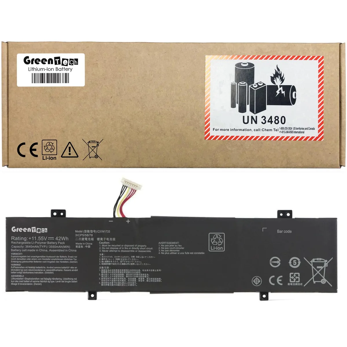 GreenTechLLC GreenTechLLC C31N1733 11.55V 42WH laptop battery for ASUS Vivobook Flip 14 TP412U TP412UA TP412FA — product photo
