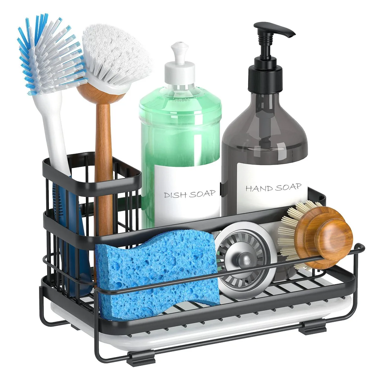 Matte black metal sink caddy with drain tray and tall brush holder