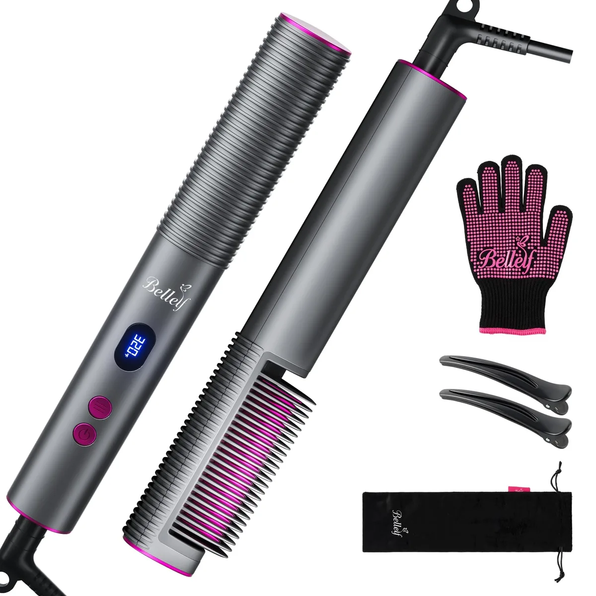 White straightening brush with bristles and digital display, travel size