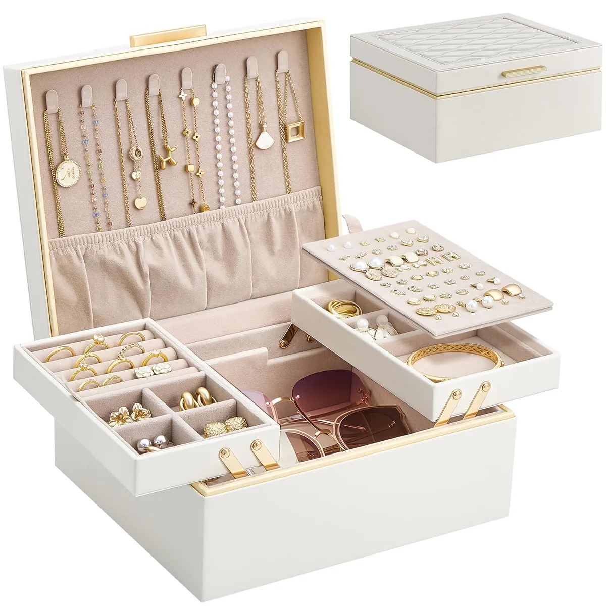 Cream two-layer jewellery box with cloud-patterned lid and gold trim, 21 x 23 x 11 cm