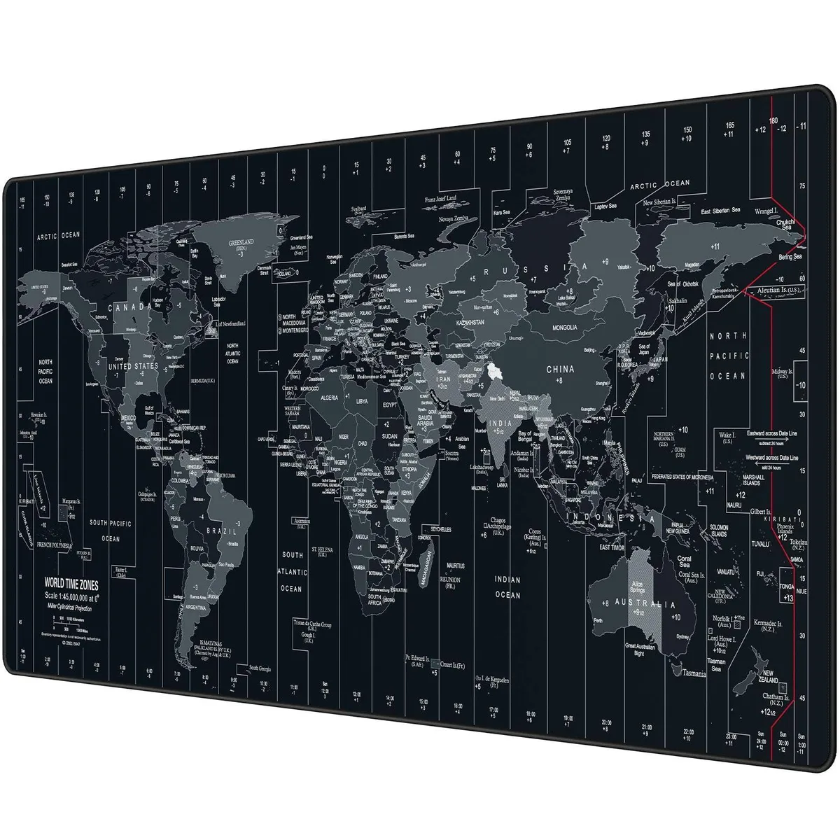 Rectangular world-map desk mat, dark surface, stitched edges, rubber base