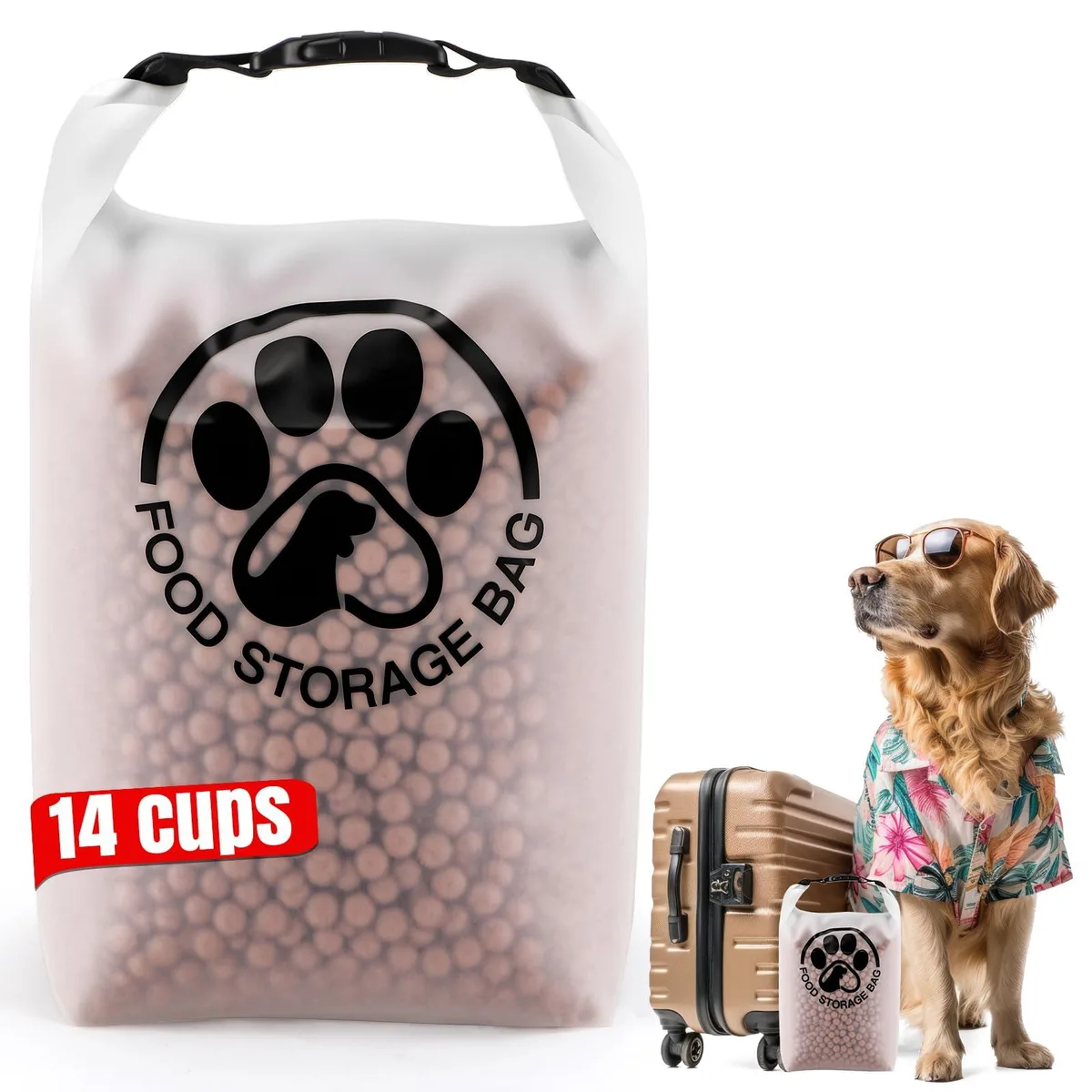 Red rectangular pet food storage bag with roll-top Velcro closure and carry handle