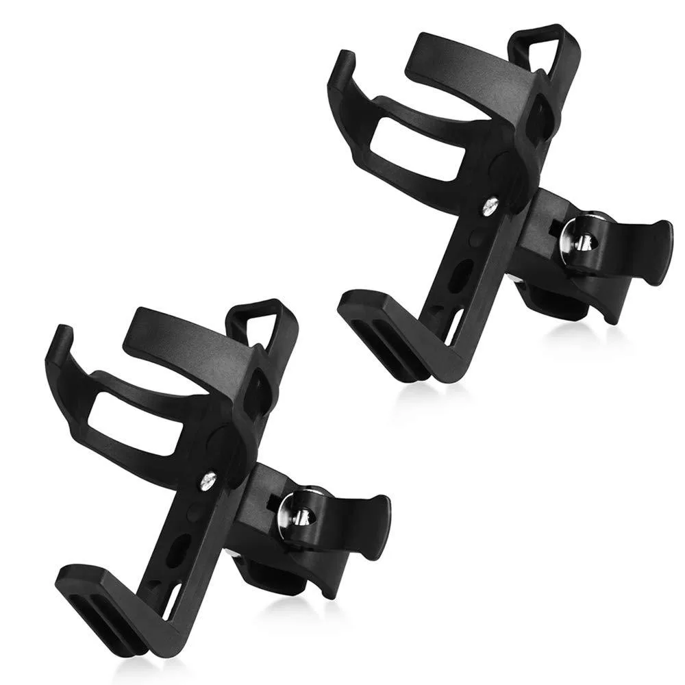 Two black plastic-steel bottle cages with rotatable clamps, sold as a pair