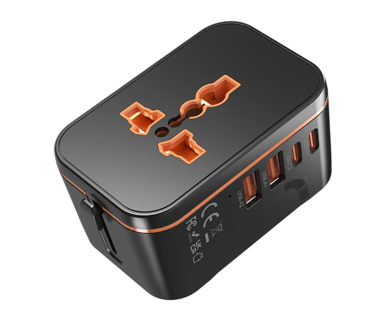 Black rectangular travel adapter with sliding plug mechanisms and four USB ports