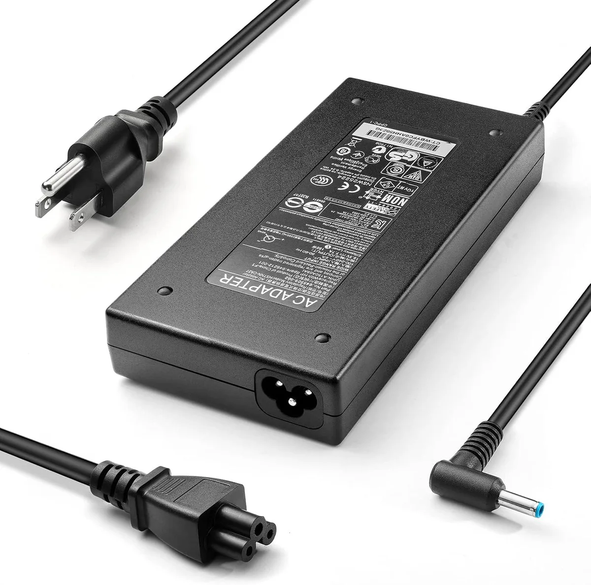 Black rectangular laptop charger with detachable power cord