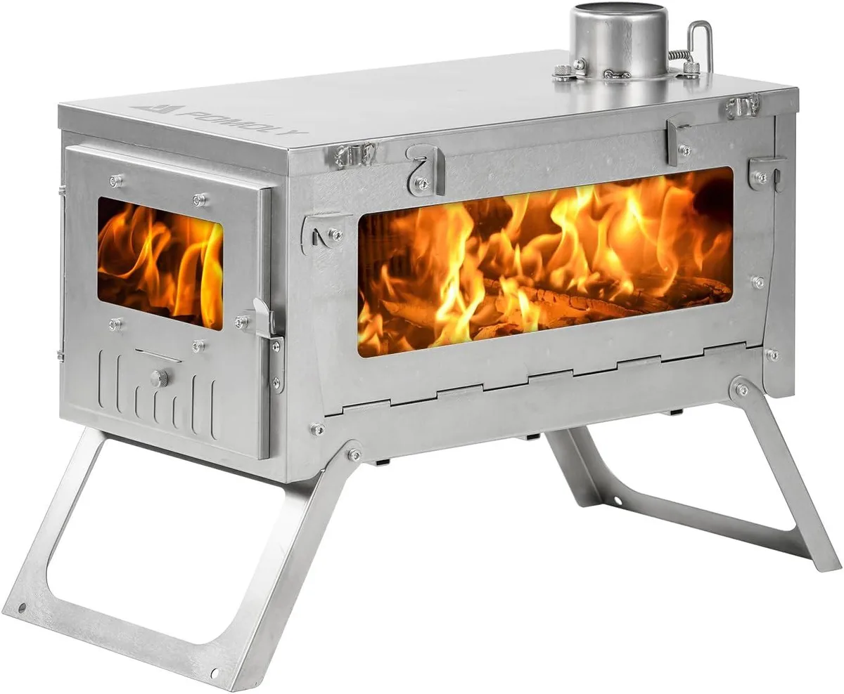 Folding titanium wood stove with glass windows and 9.84ft pipe