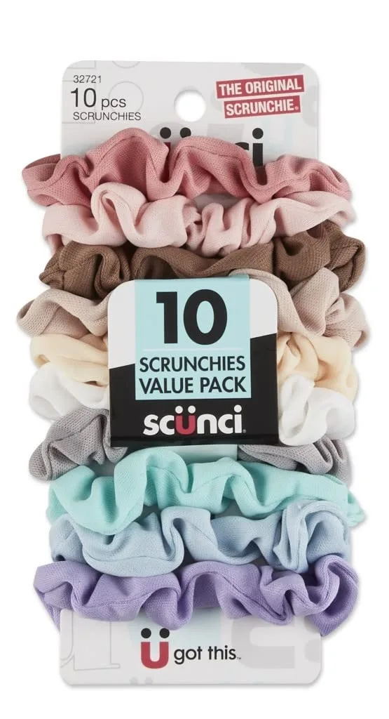 Ten fabric scrunchies in assorted colours, loose in clear pack