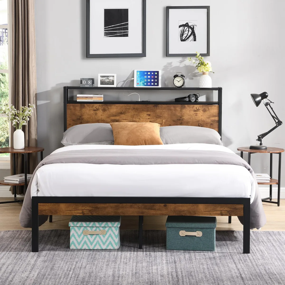 tuphen tuphen Queen Metal Platform Bed with Wooden Headboard &amp; Footboard, USB Liner, 10 in Under-Bed Storage, 600 lbs — product photo