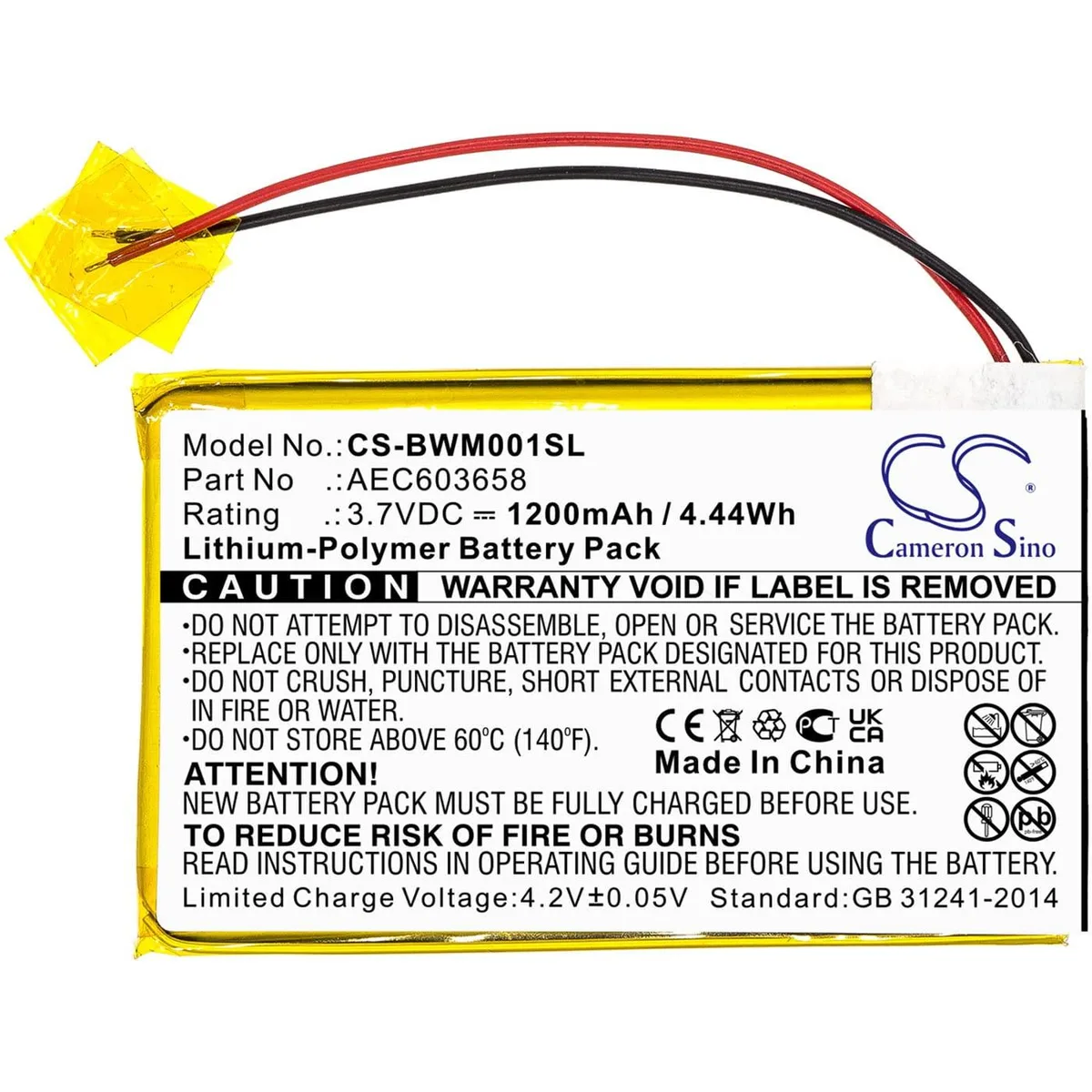  CS Cameron Sino 1200mAh 3.7V Battery for BW GasAlert Micro Clip XL — product photo