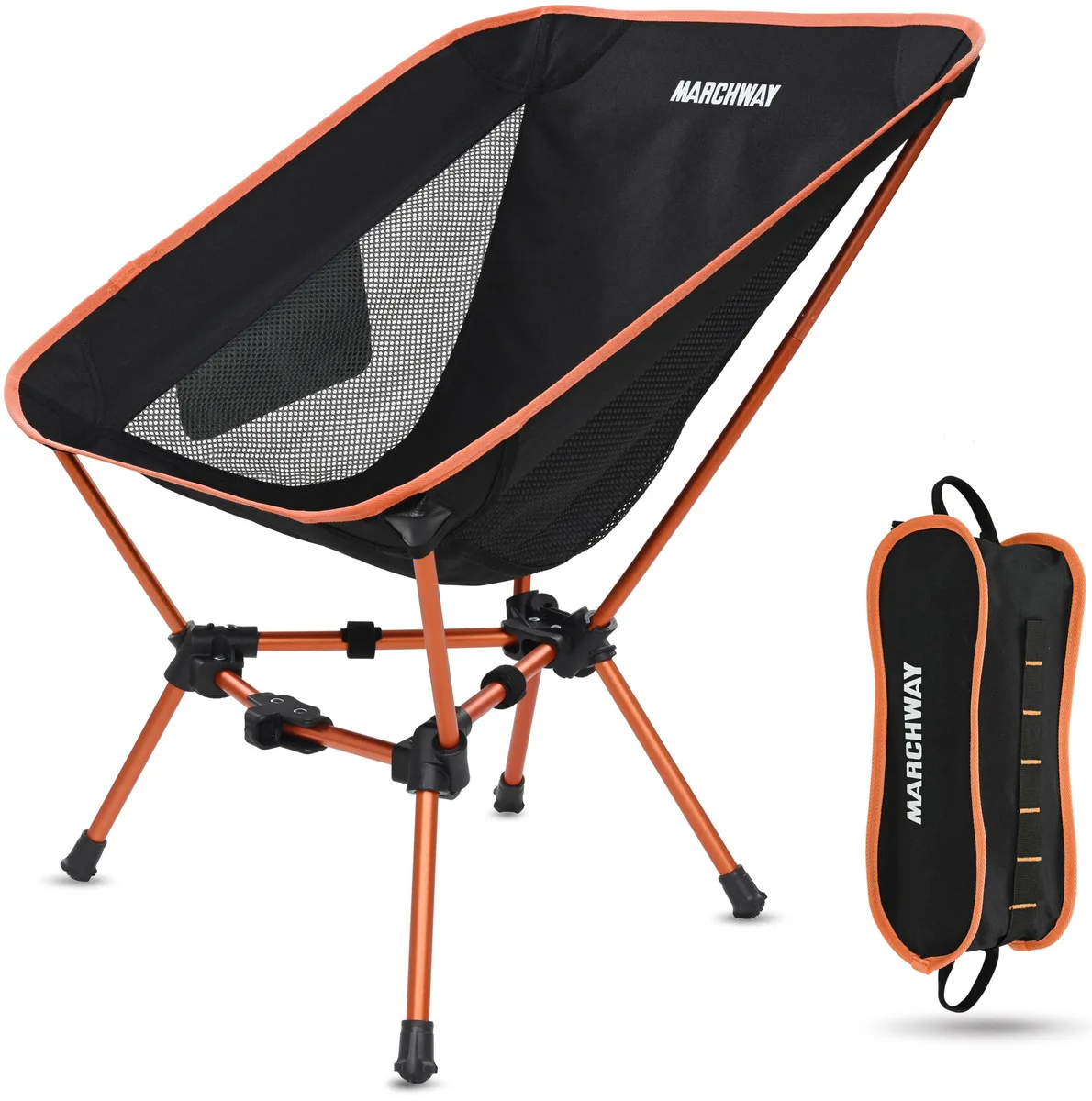 Orange low-back triangular camping chair with aluminum frame and carry bag