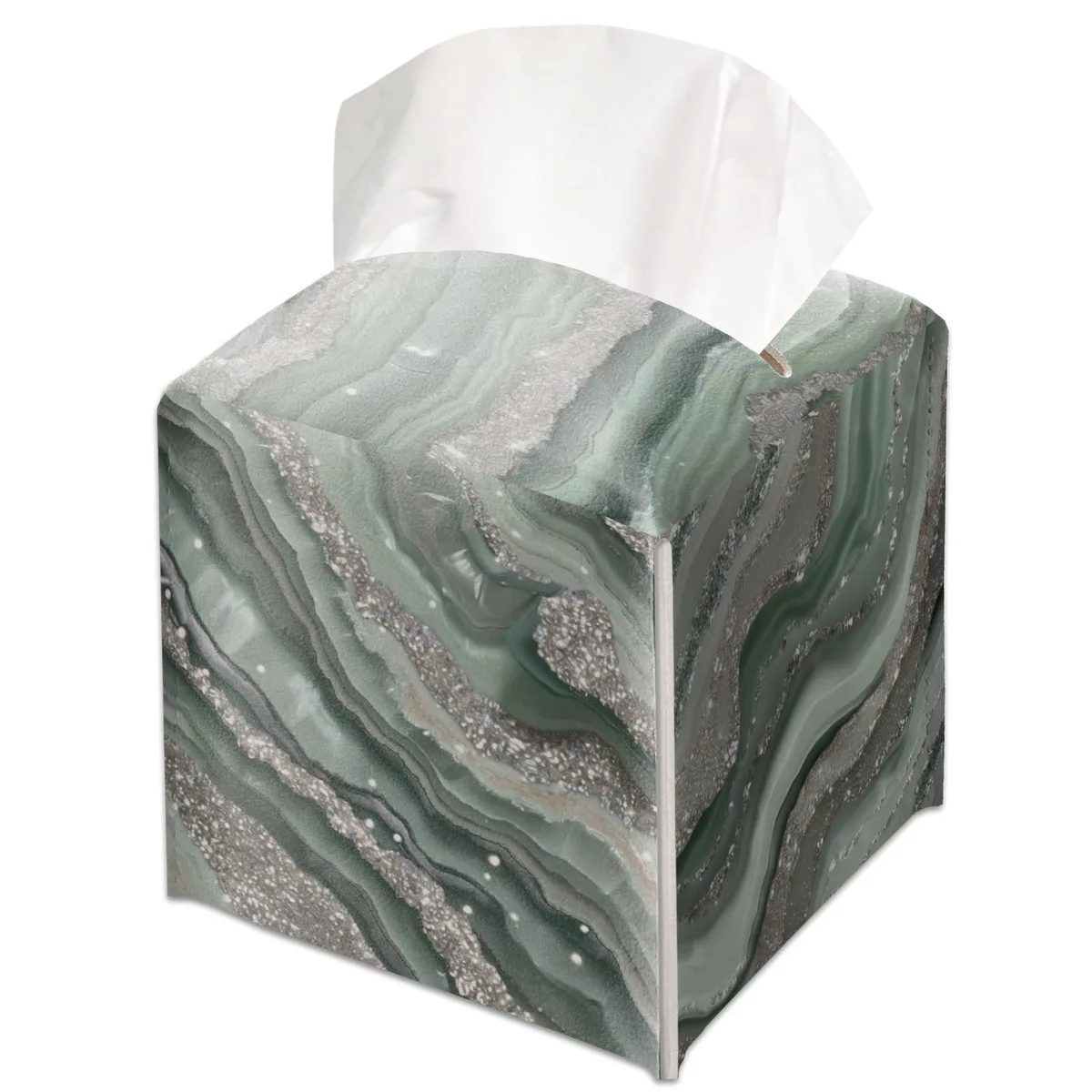 Square leather tissue box cover with metallic agate texture and Velcro closure