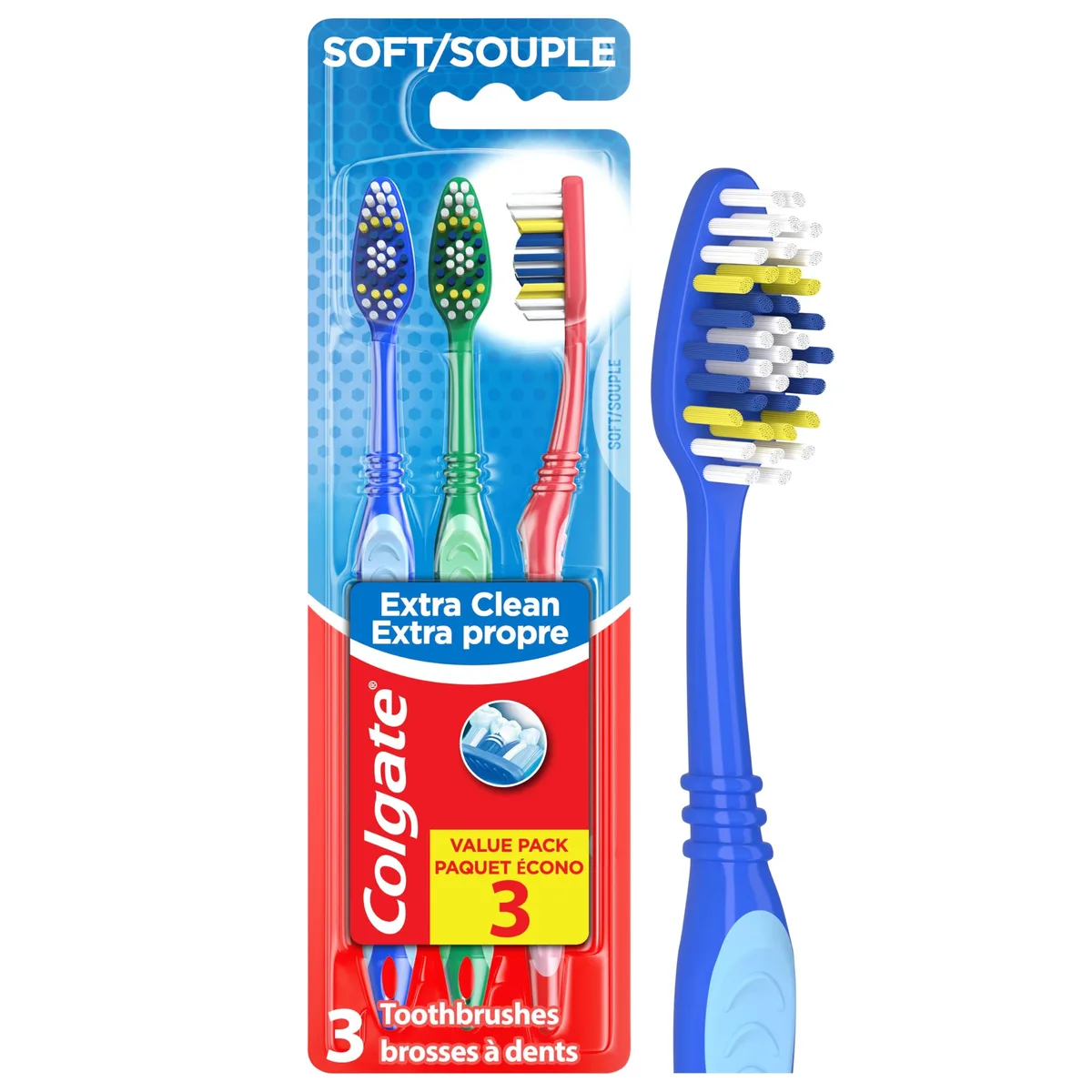 Three new Colgate Extra Clean soft manual toothbrushes in assorted colours with built-in tongue scrapers