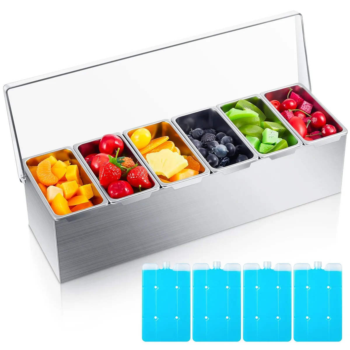 DNBeffulgent DNBeffulgent HI-Boao-3915 6 Slot Ice Chilled Stainless Steel Condiment Caddy food storage — product photo