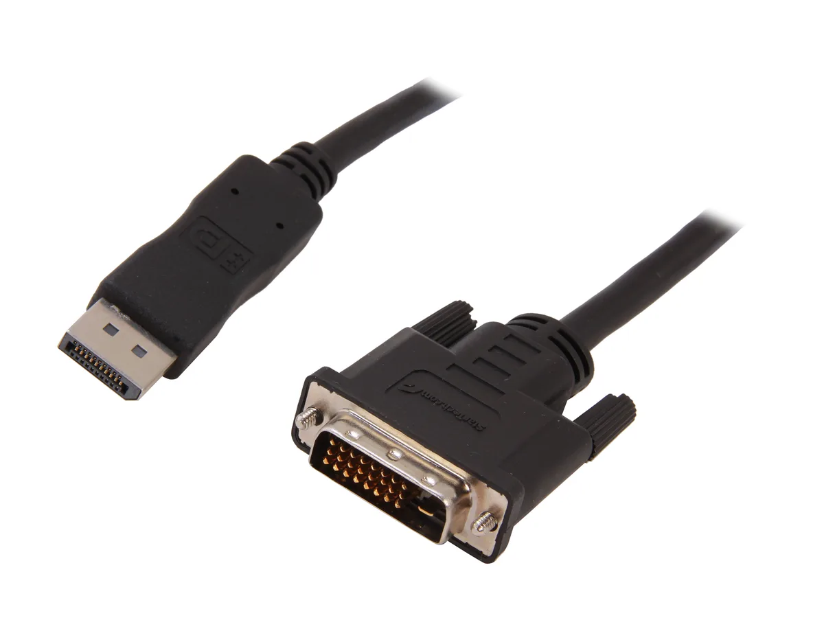 Black 10 ft DisplayPort to DVI cable with male connectors at both ends