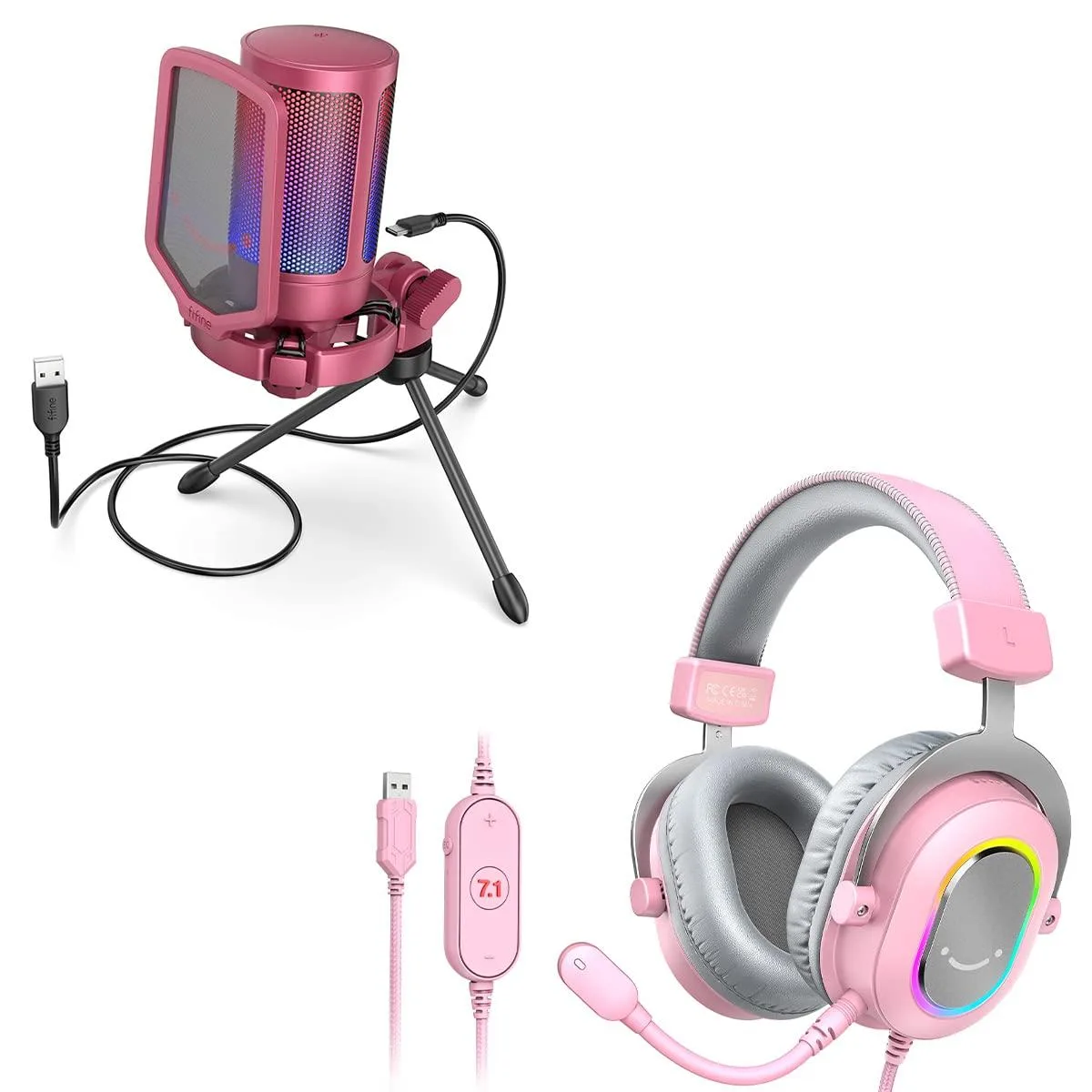  FIFINE AmpliGame A6R+H6P USB microphone and headset, red, 7.1 surround sound — product photo