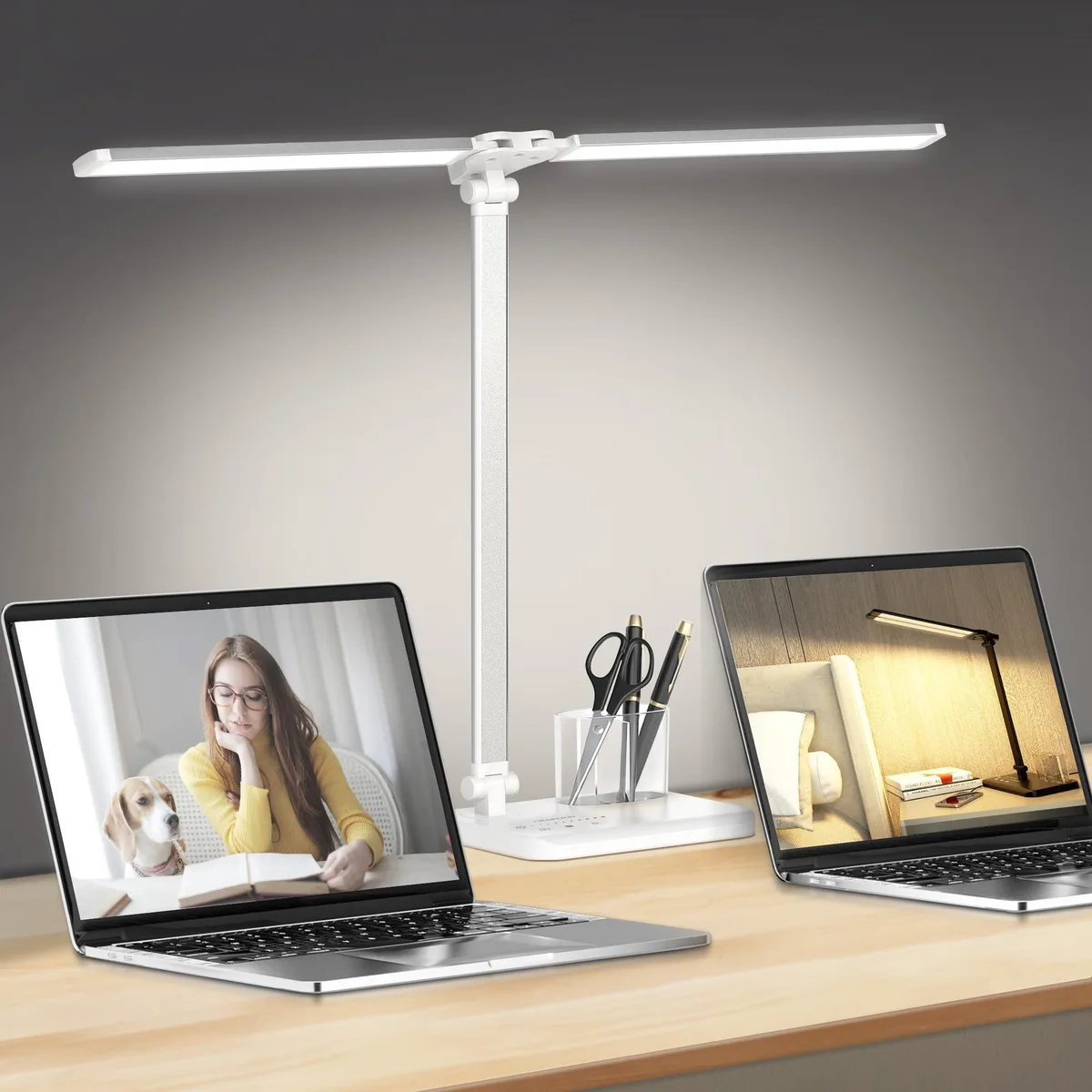  CHARYJOD LED Desk Lamp 15 W Double Head 50 Modes USB White — product photo