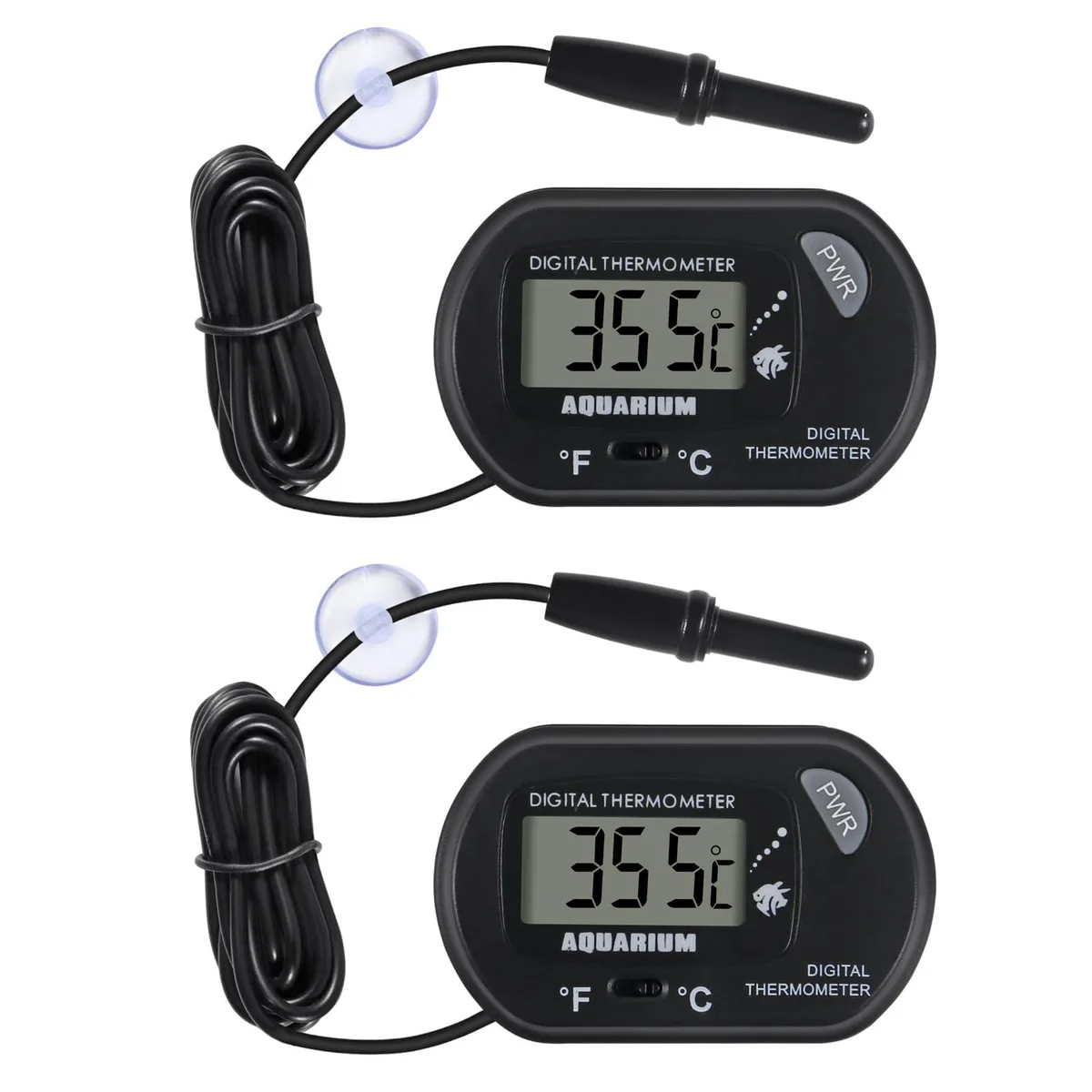 Two black digital thermometers with large LCD screens and long probe cables