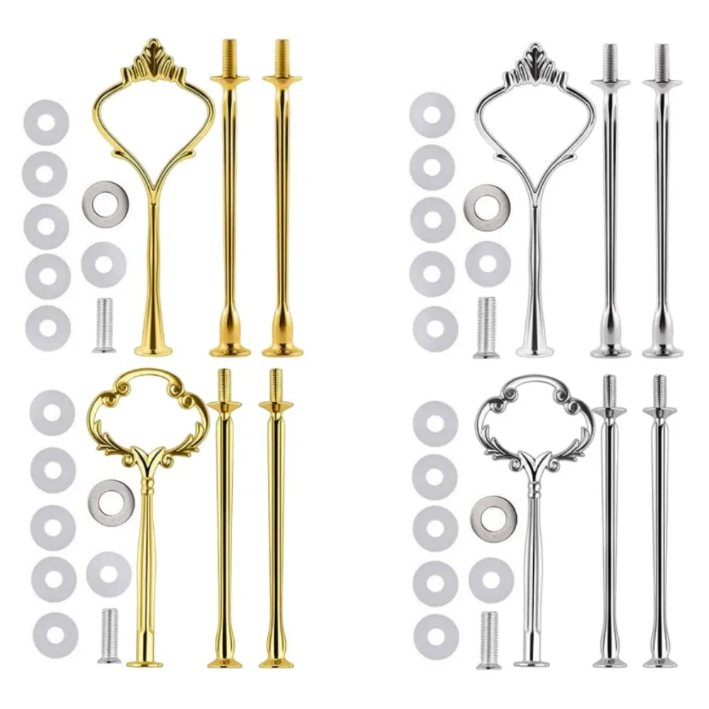 Four sets of three tier cake stand handles in gold and silver zinc alloy with floral design