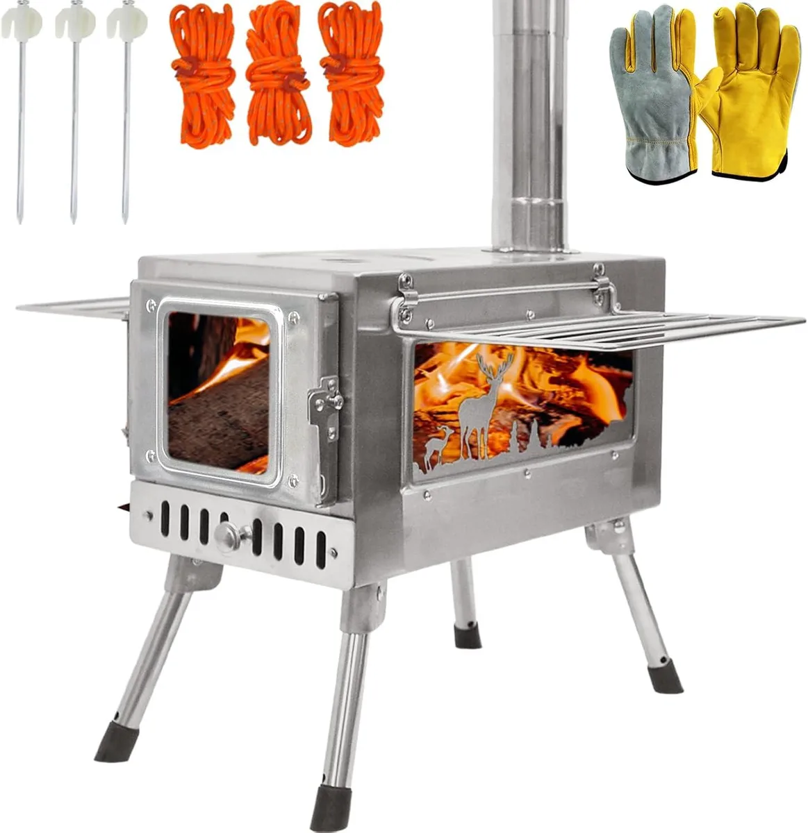 Stainless steel portable wood stove with glass window and six-section chimney pipe