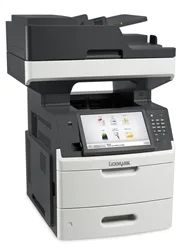 Large grey office laser multifunction printer with 10 inch touchscreen and automatic document feeder