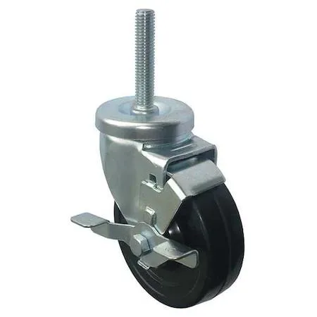 Silver metal swivel caster with black rubber wheel and threaded stem
