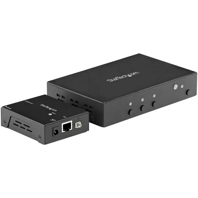 Black rectangular box with three HDMI ports on front, one on back, matte finish
