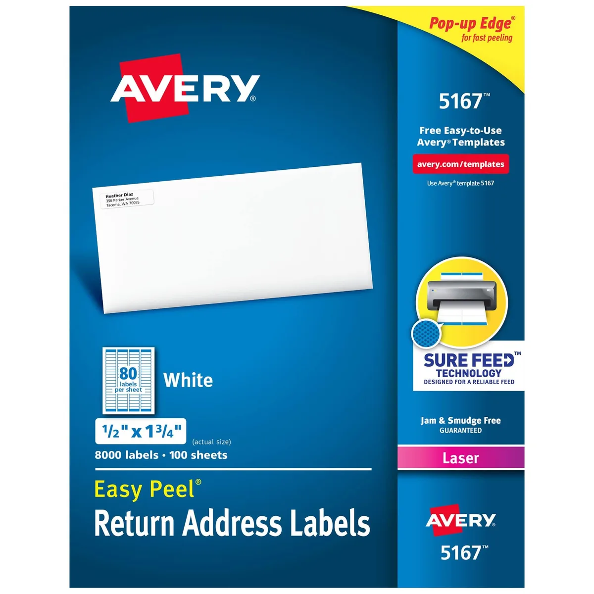 White rectangular address labels on glossy sheets, 0.5 by 1.75 inches, 8000 count