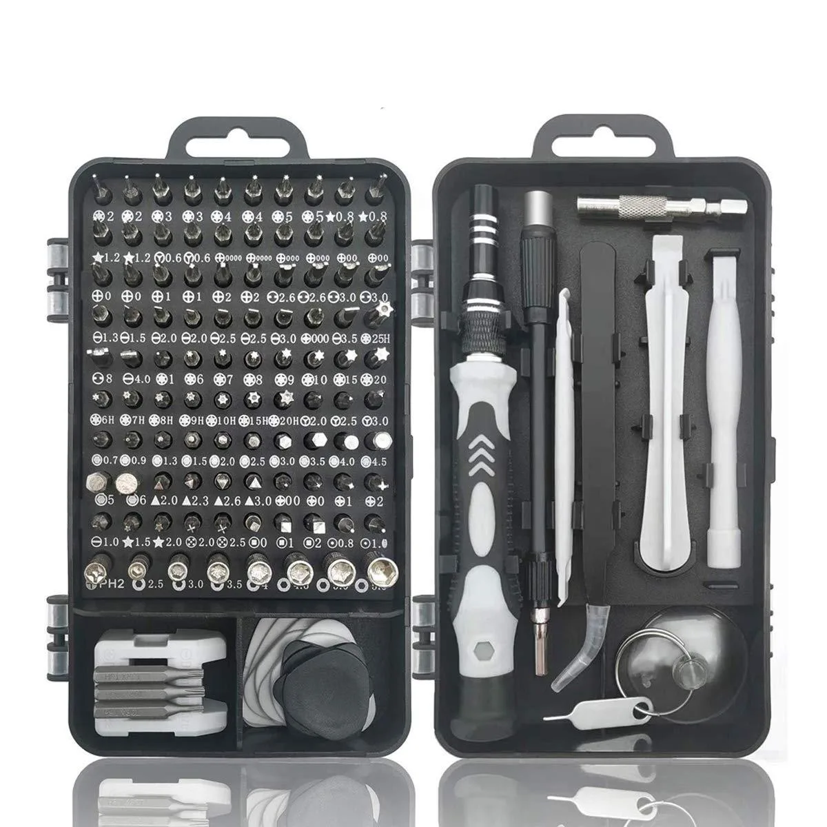 Black 115-piece precision screwdriver kit in compact case with magnetic handle and bits