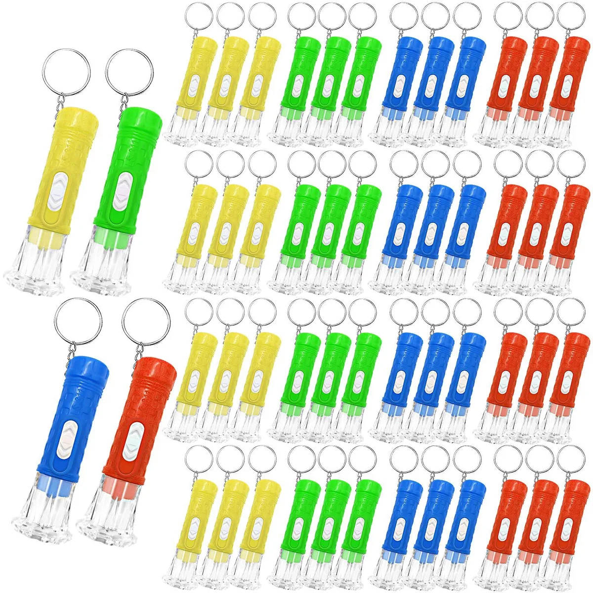Fifty small plastic LED flashlights in a bulk pack, each about two point five five inches long