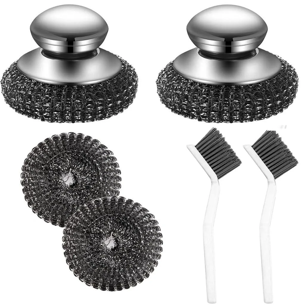 Stainless steel scrubber with handle, two replacement pads and two crevice brushes in a set