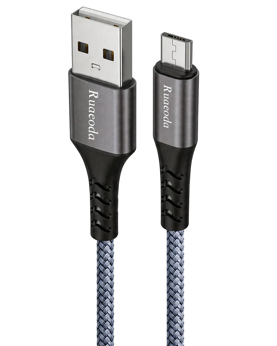 Orange braided Micro USB cable with aluminium connector shells, ten feet long