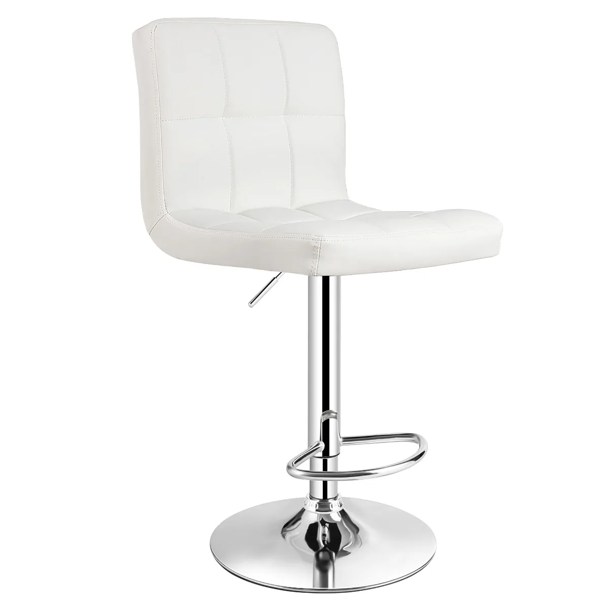 White armless bar stool with swivel seat, mid backrest, footrest and wide circular base
