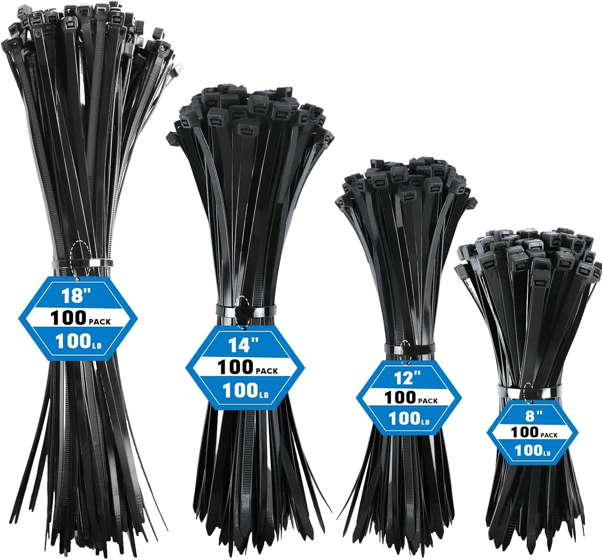 Ennovor Ennovor Assorted Cable Ties 400 Pack 8-18 inch Black Nylon 66 Self-Locking 100lb — product photo
