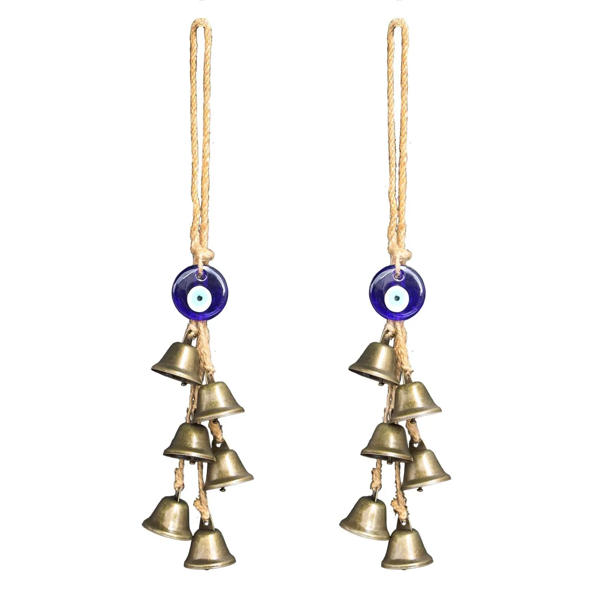 Two blue evil eye witch bells on hemp rope, 36cm total length