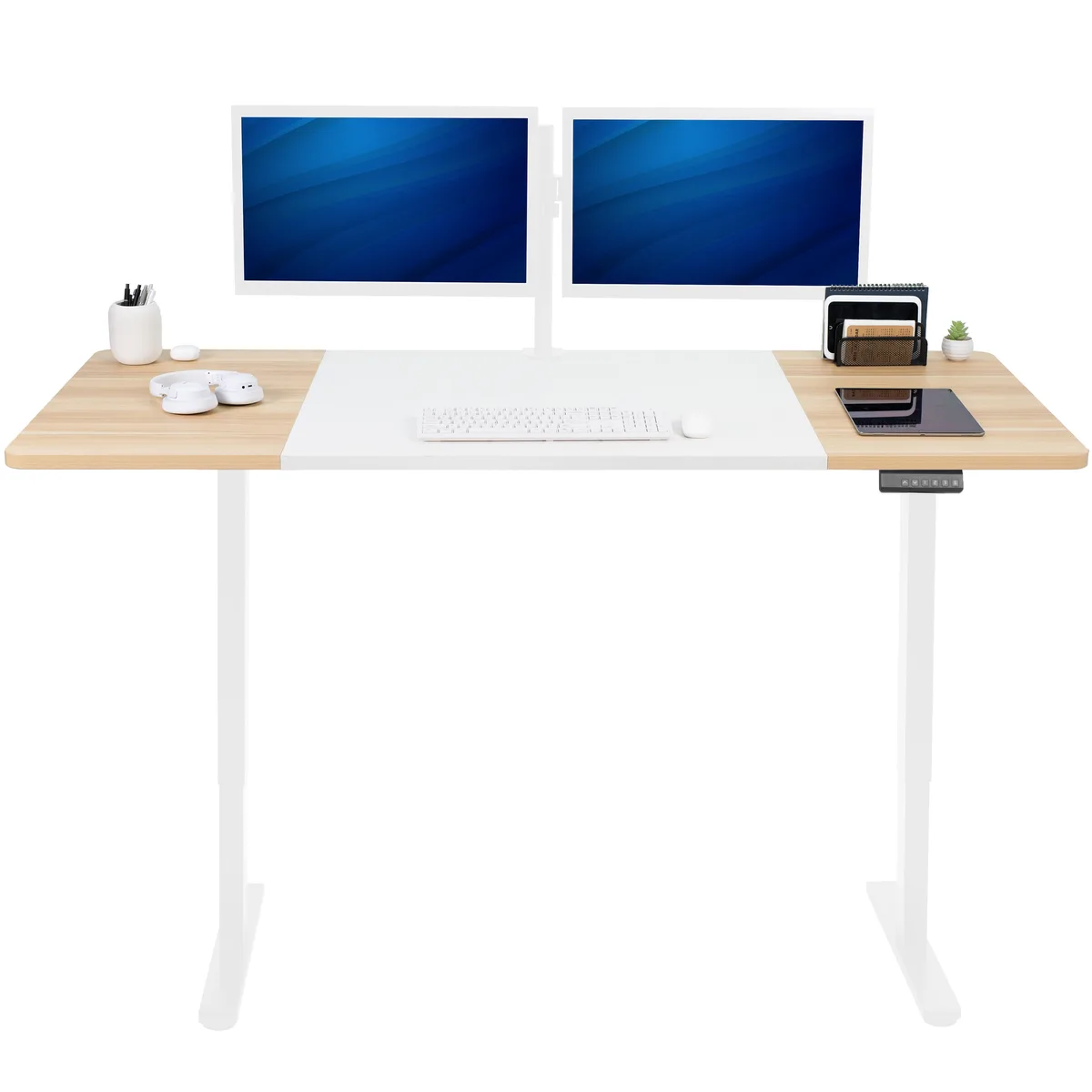 VIVO VIVO Electric Dual Motor 71x30 Standup Desk White/Light Wood Top White Frame office furniture — product photo