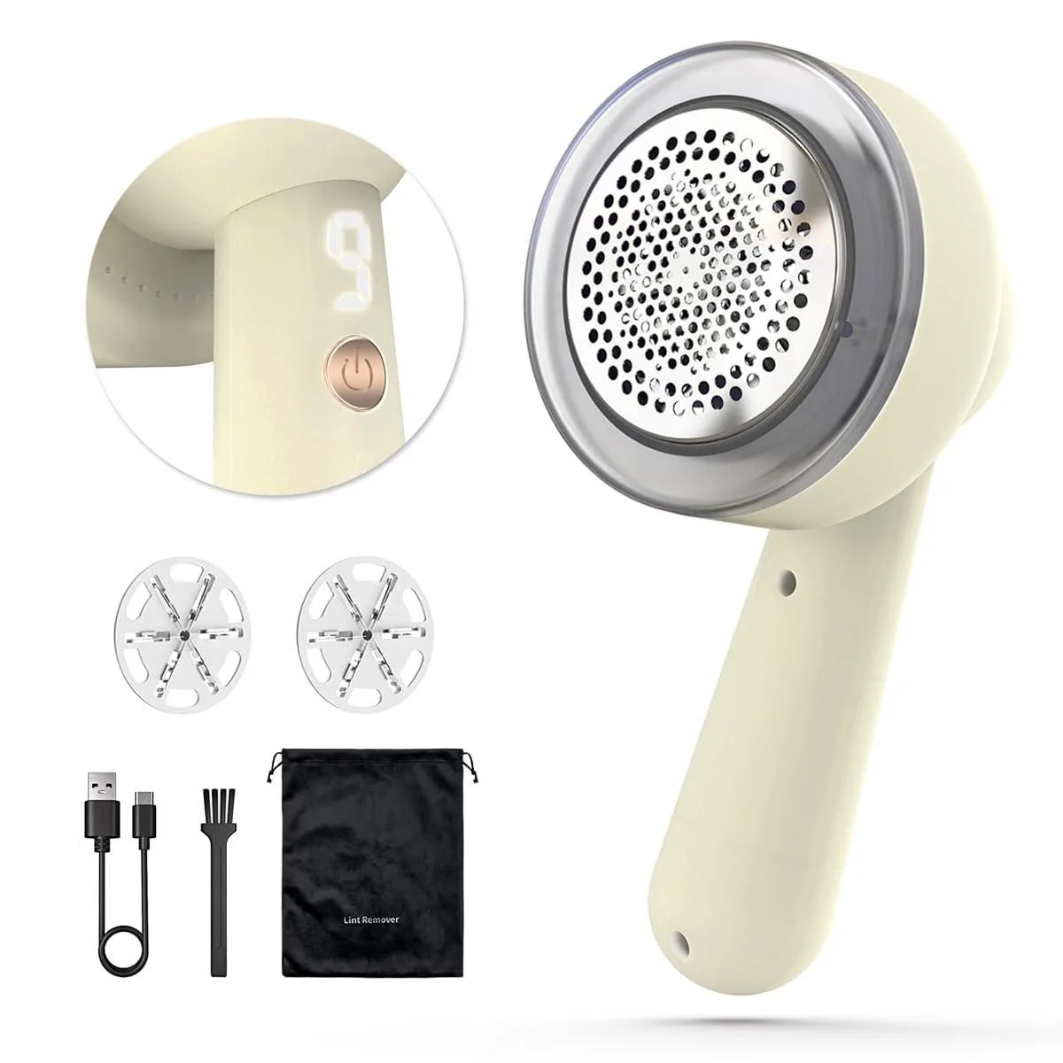 Cream-white fabric shaver with LED display and honeycomb blade cover