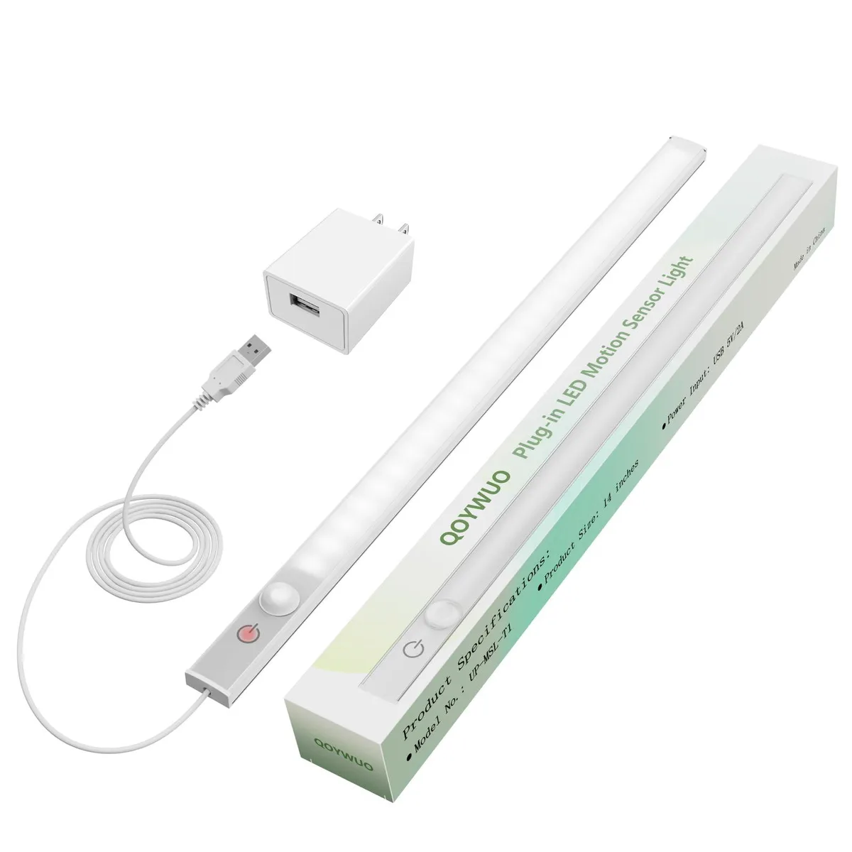 White ultra-slim LED bar 14.2 inches long USB plug-in motion sensor light