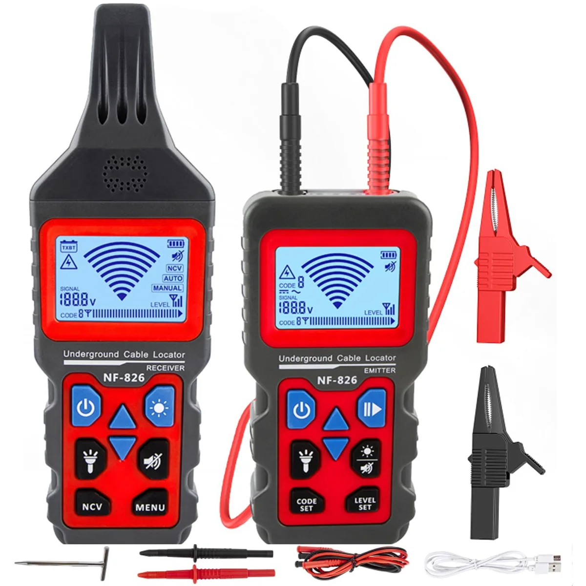 Yellow handheld digital cable locator with LCD screen and probe