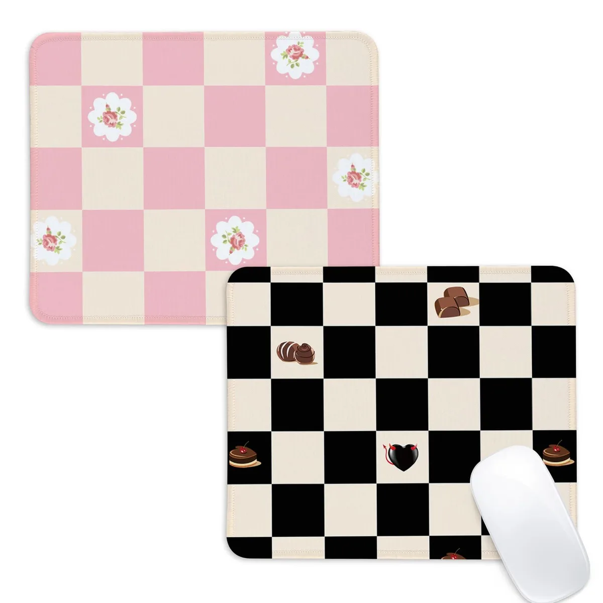 Two pink and black checkered square mouse pads with fabric tops and rubber bases